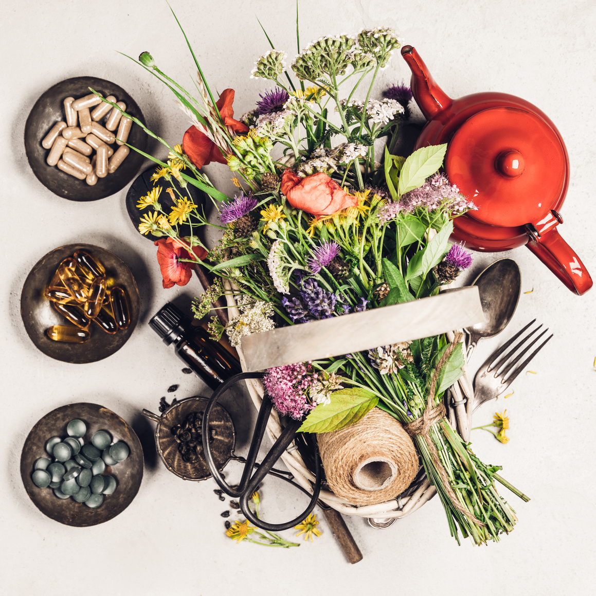 Healthy Eating and Herbal Medicine Concept, Flat Lay, Top View